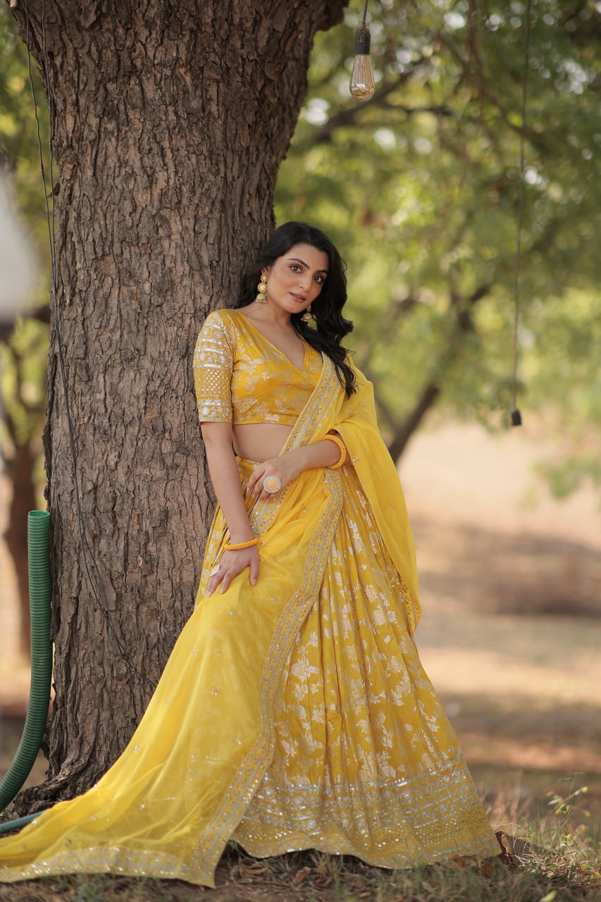 Woven Viscose Silk Jacquard Lehenga In Yellow By WTW