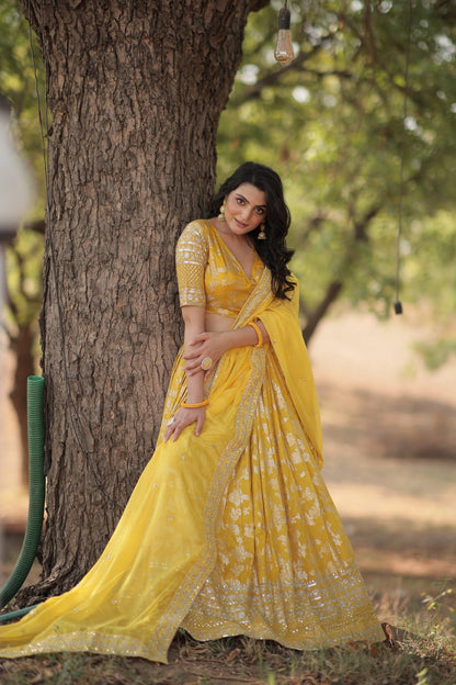 Woven Viscose Silk Jacquard Lehenga In Yellow By WTW