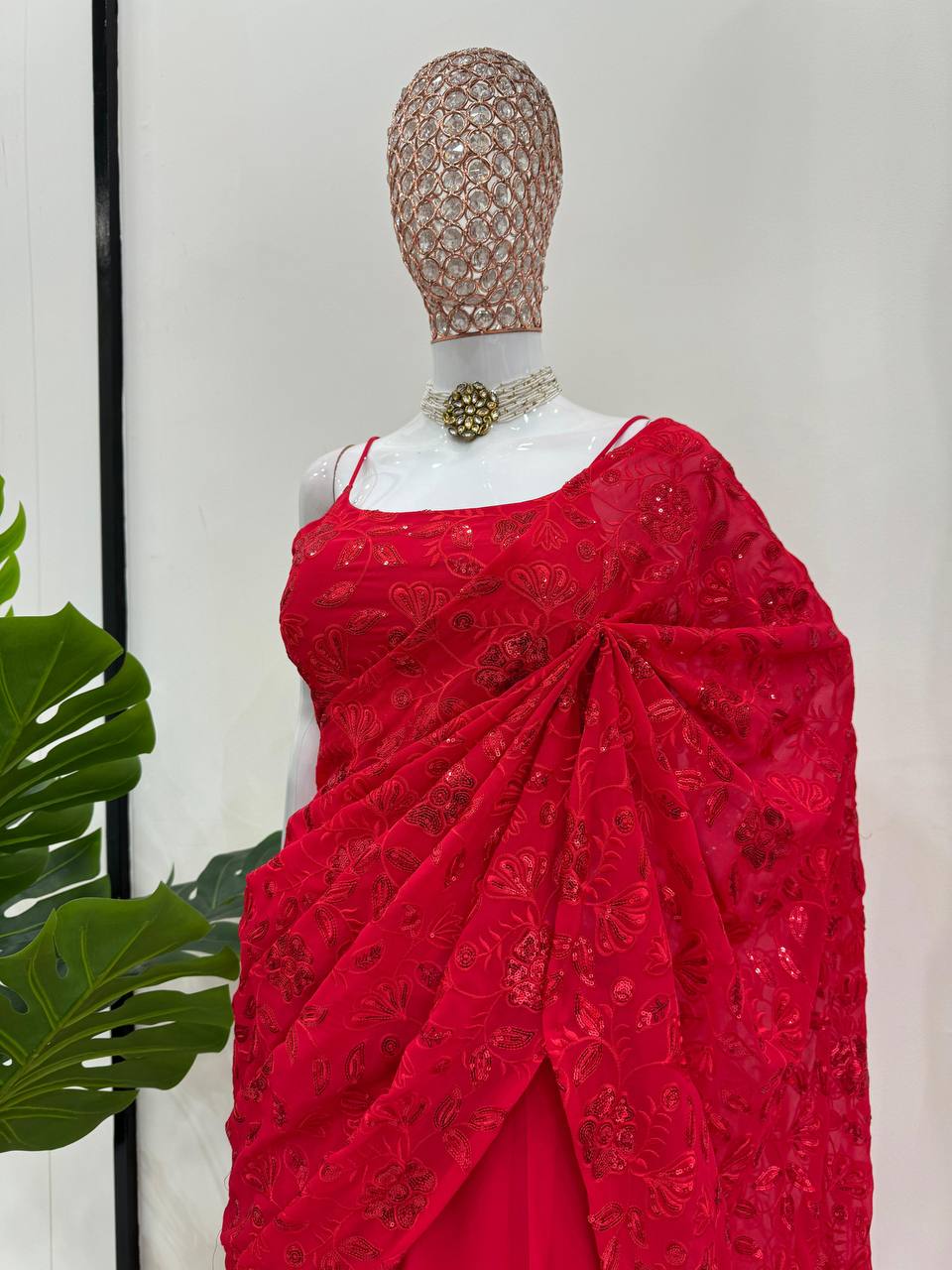 Red Lehenga Saree In Georgette With Sequence Embroidery Work Indian Lehenga By WTW