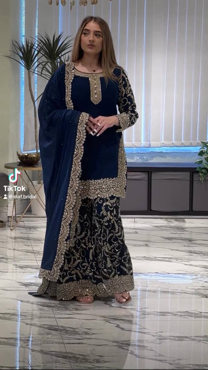 Designer Blue Sequence Embroidered Full Sleeves Sharara Set By WTW