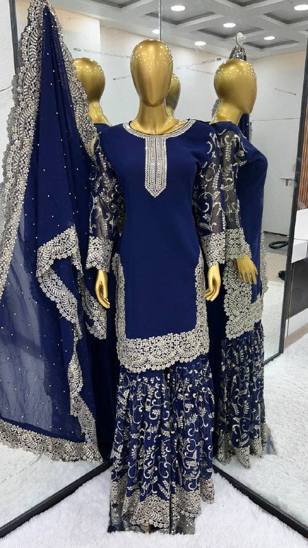 Designer Blue Sequence Embroidered Full Sleeves Sharara Set By WTW