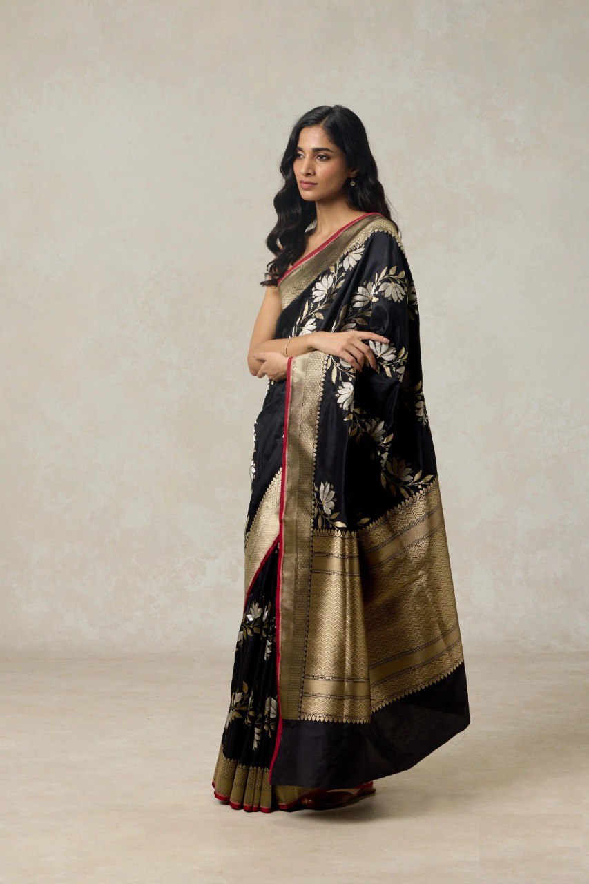 Black Pure Katan Silk Banarasi Handloom Saree By WTW