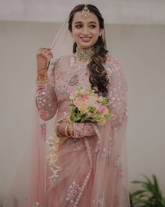 Party Wear Peach Color Thread & Sequence Work Saree By WTW