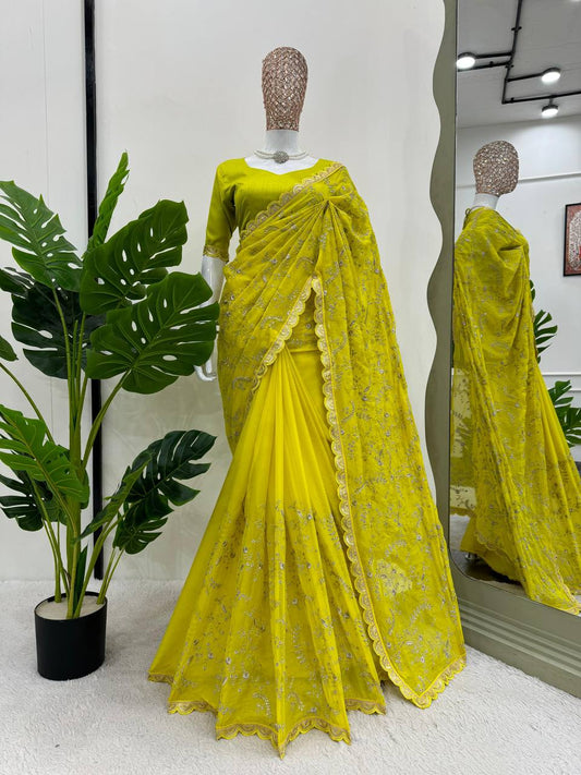 Lime Yellow Tibby Silk Thread Work Saree With Blouse By WTW