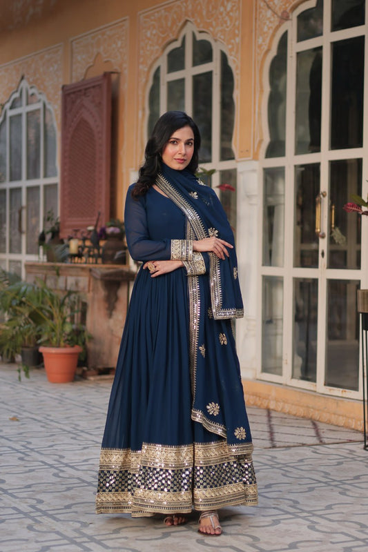 Teal Blue Georgette Solid Yoke Design Anarkali Gown By WTW
