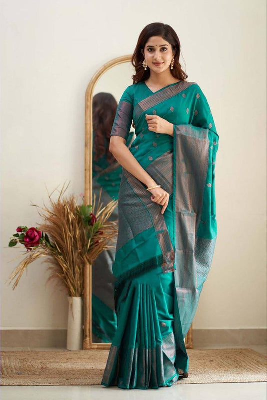 Ravishing Rama Soft Silk Saree With Exceptional Blouse Piece By WTW