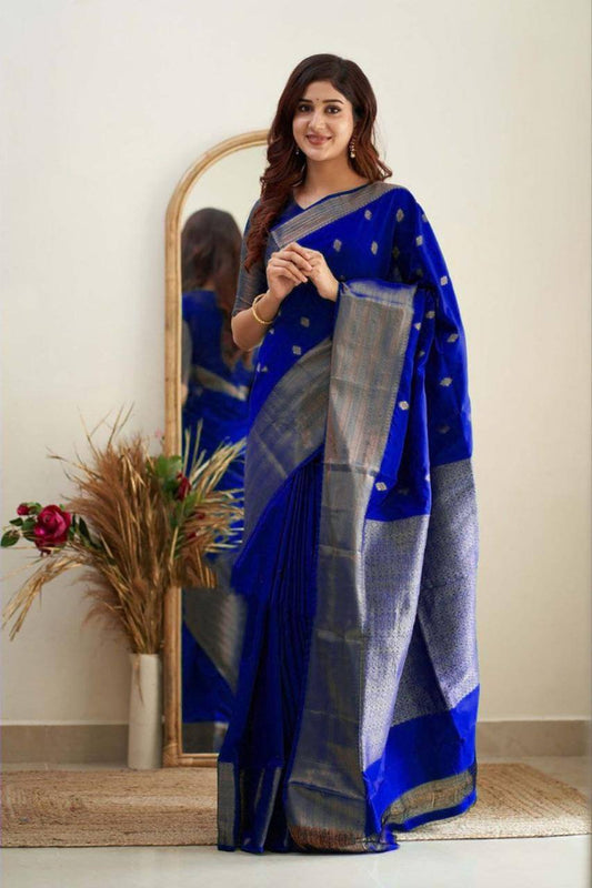 Pleasant Royal Blue Soft Silk Saree With Delightful Blouse Piece By WTW