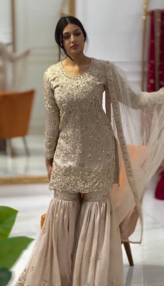 Elegant Cream Color Georgette Embroidery Sharara Suit By WTW