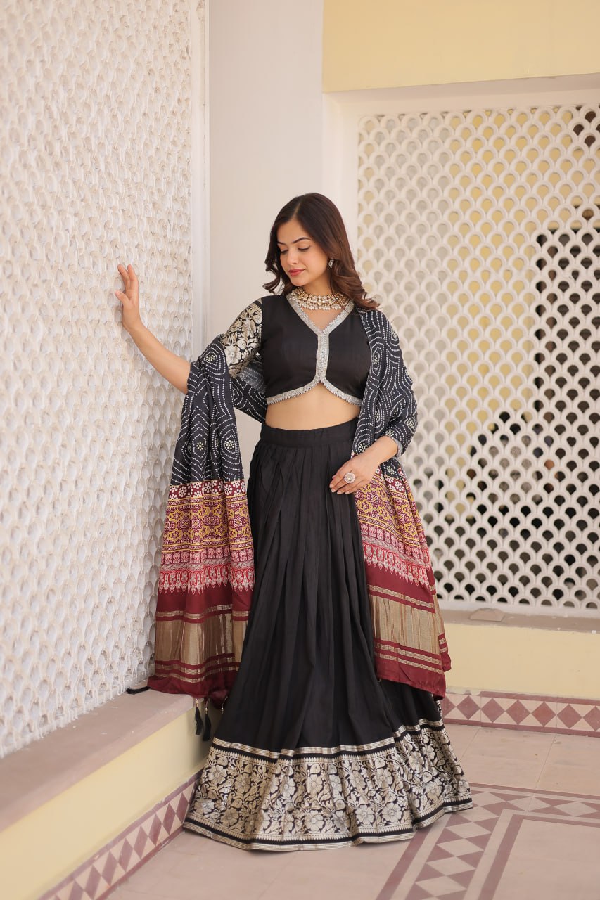 Black Solid Viscose Jacquard Lehenga Set By WTW