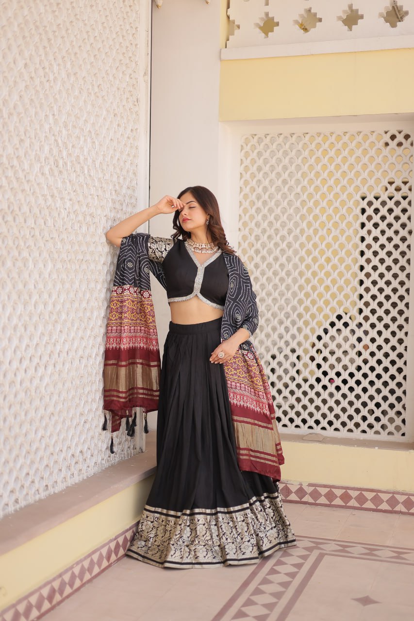 Black Solid Viscose Jacquard Lehenga Set By WTW