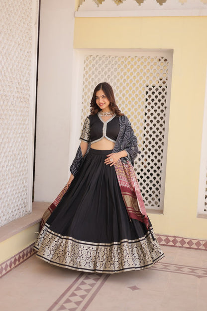 Black Solid Viscose Jacquard Lehenga Set By WTW