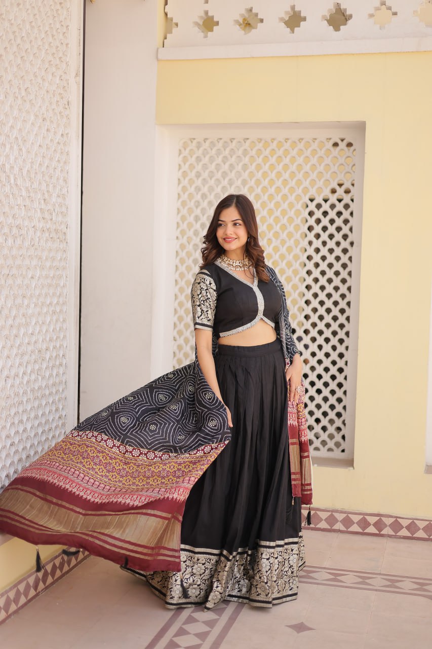 Black Solid Viscose Jacquard Lehenga Set By WTW