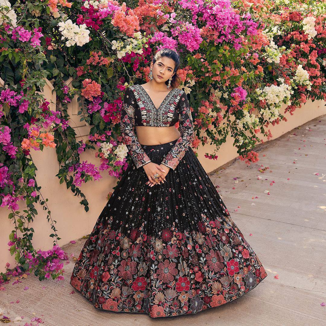 Black Floral Print Georgette Embroidered Lehenga By WTW