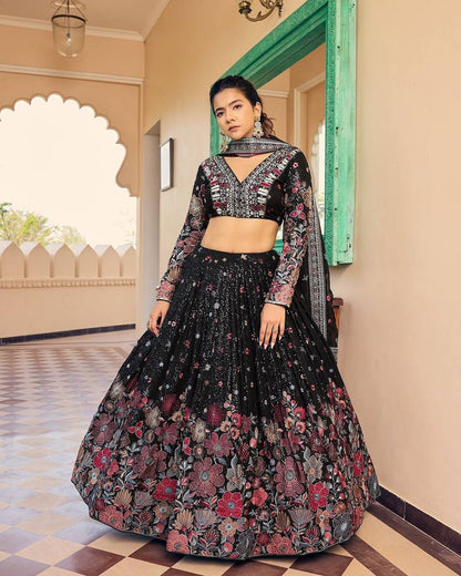 Black Floral Print Georgette Embroidered Lehenga By WTW