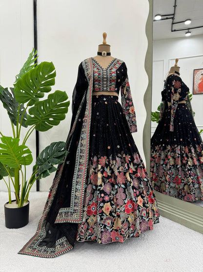 Black Floral Print Georgette Embroidered Lehenga By WTW