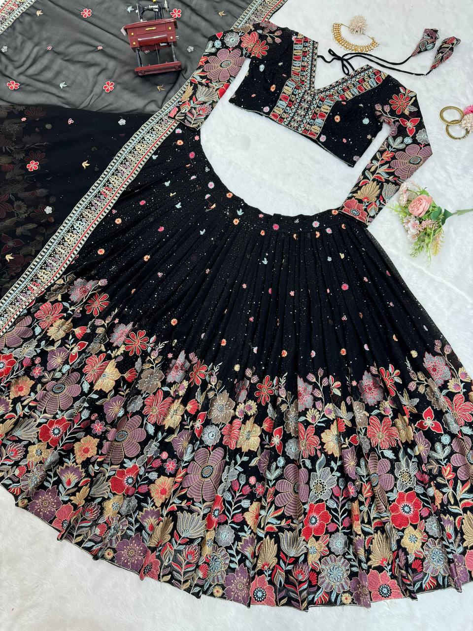 Black Floral Print Georgette Embroidered Lehenga By WTW