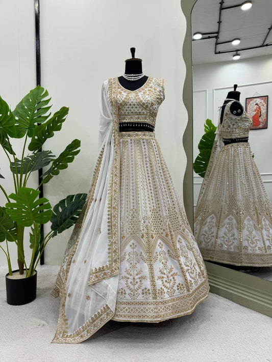 White Faux Georgette Thread Sequence Work Lehenga Choli By WTW