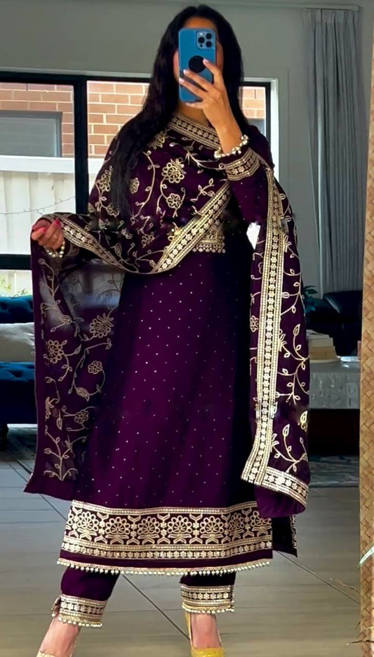 Classic Purple Color Georgette Embroidery Sequence Salwar Suit By WTW