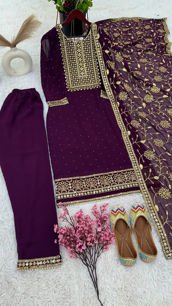 Classic Purple Color Georgette Embroidery Sequence Salwar Suit By WTW