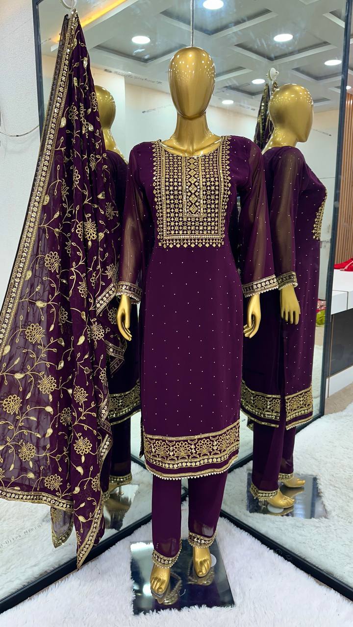 Classic Purple Color Georgette Embroidery Sequence Salwar Suit By WTW