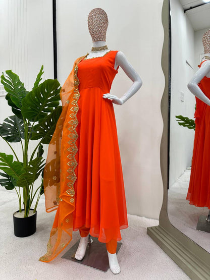 Sublime Orange Color Georgette Coin Lace Border Salwar Suit By WTW