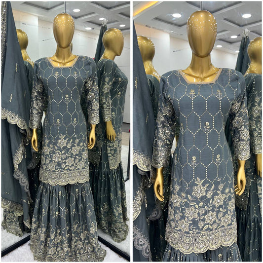 Gray Faux Georgette Embroidery Work Sharara Suit By WTW