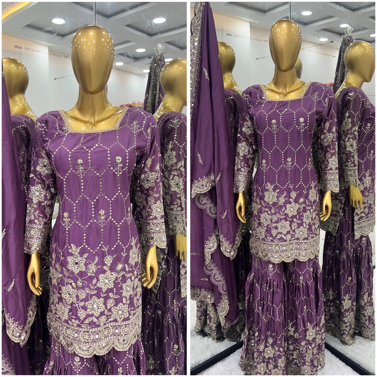 Stylish Violet Color Chinnon Silk Embroidery Work Sharara Suit By WTW