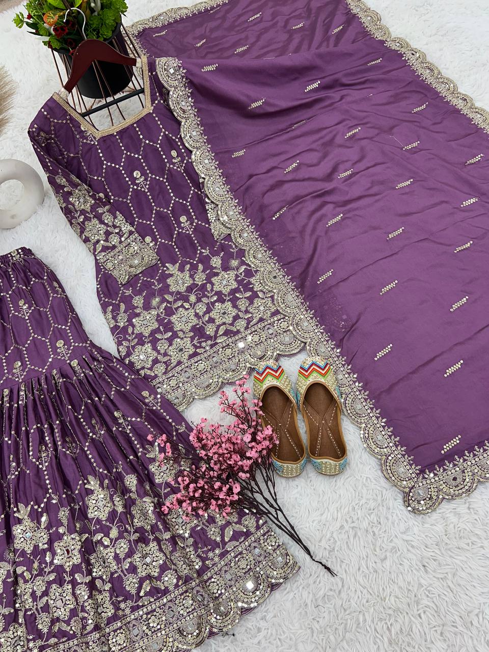 Stylish Violet Color Chinnon Silk Embroidery Work Sharara Suit By WTW