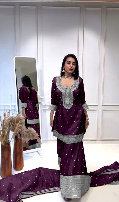 Elegant Embroidery Sequence Work Purple Color Sharara Suit By WTW