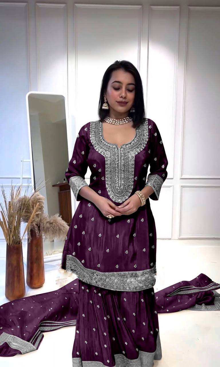 Elegant Embroidery Sequence Work Purple Color Sharara Suit By WTW