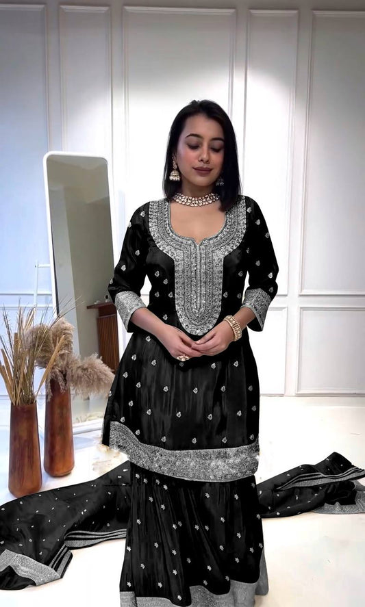 Designer Black Color Embroidery Work Sharara Suit By WTW