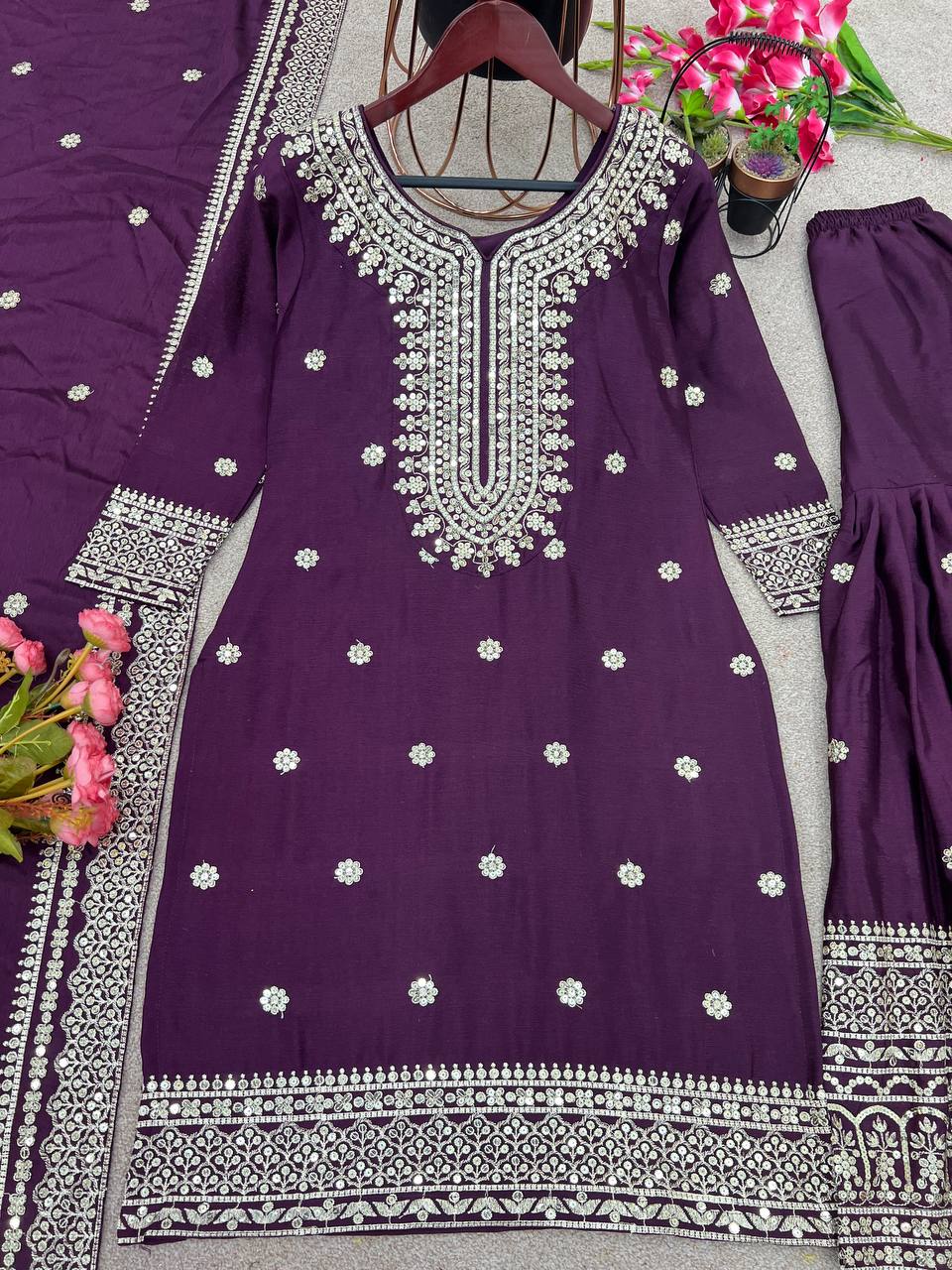 Elegant Embroidery Sequence Work Purple Color Sharara Suit By WTW