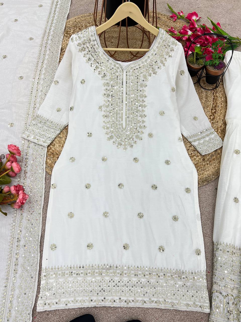 Aesthetic White Color Heavy Chinnon Silk Embroidery Sharara Suit By WTW