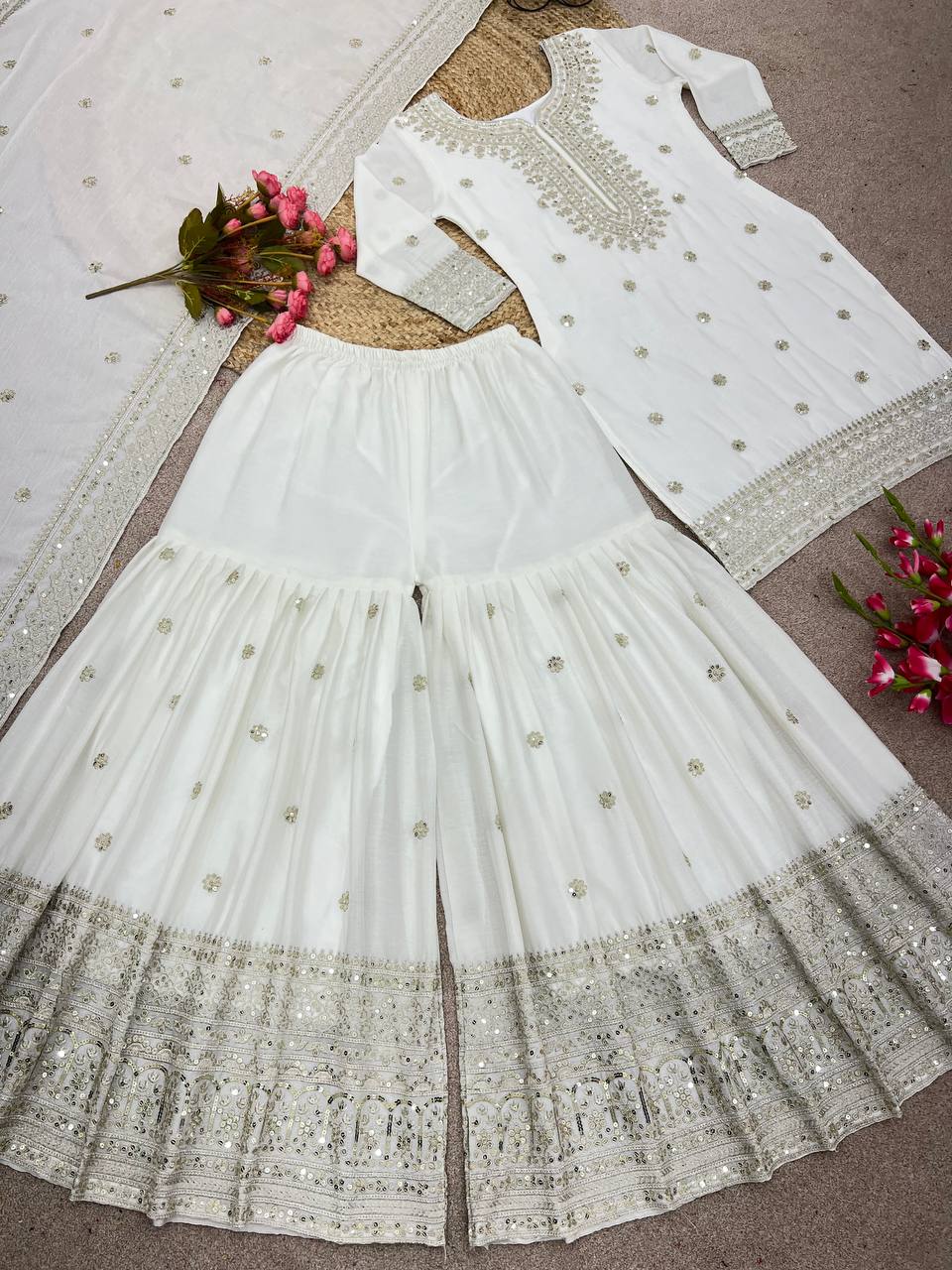 Aesthetic White Color Heavy Chinnon Silk Embroidery Sharara Suit By WTW