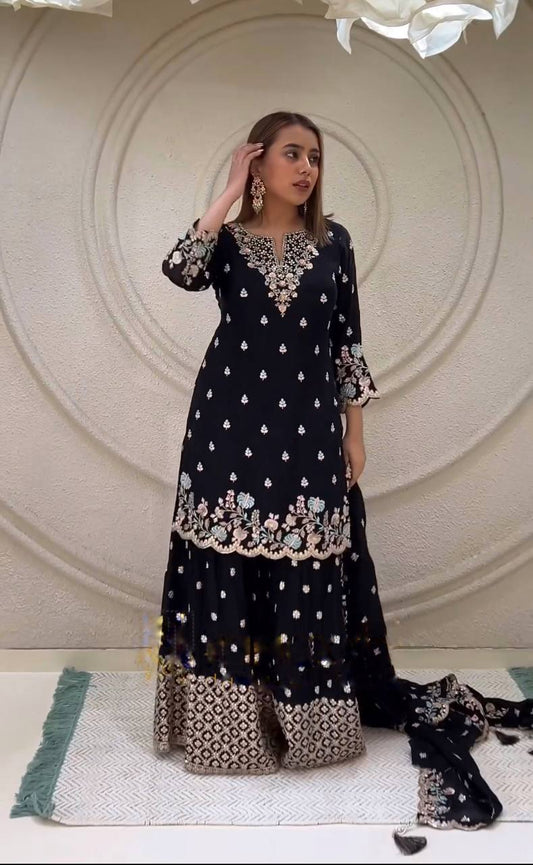 Peaceful Black Color Chinnon Silk Embroidery Work Salwar Suit By WTW