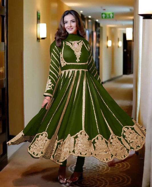 Green Faux Georgette Sequence Embroidery Work Gown By WTW