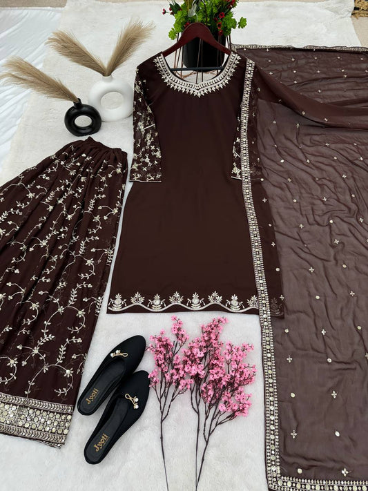 Luminous Coffee Color Georgette Embroidery Sequence Salwar Suit By WTW