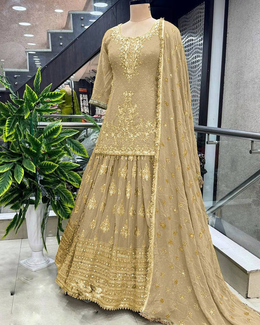 Captivating Gold Color Chinnon Silk Embroidery Lehenga Choli By WTW