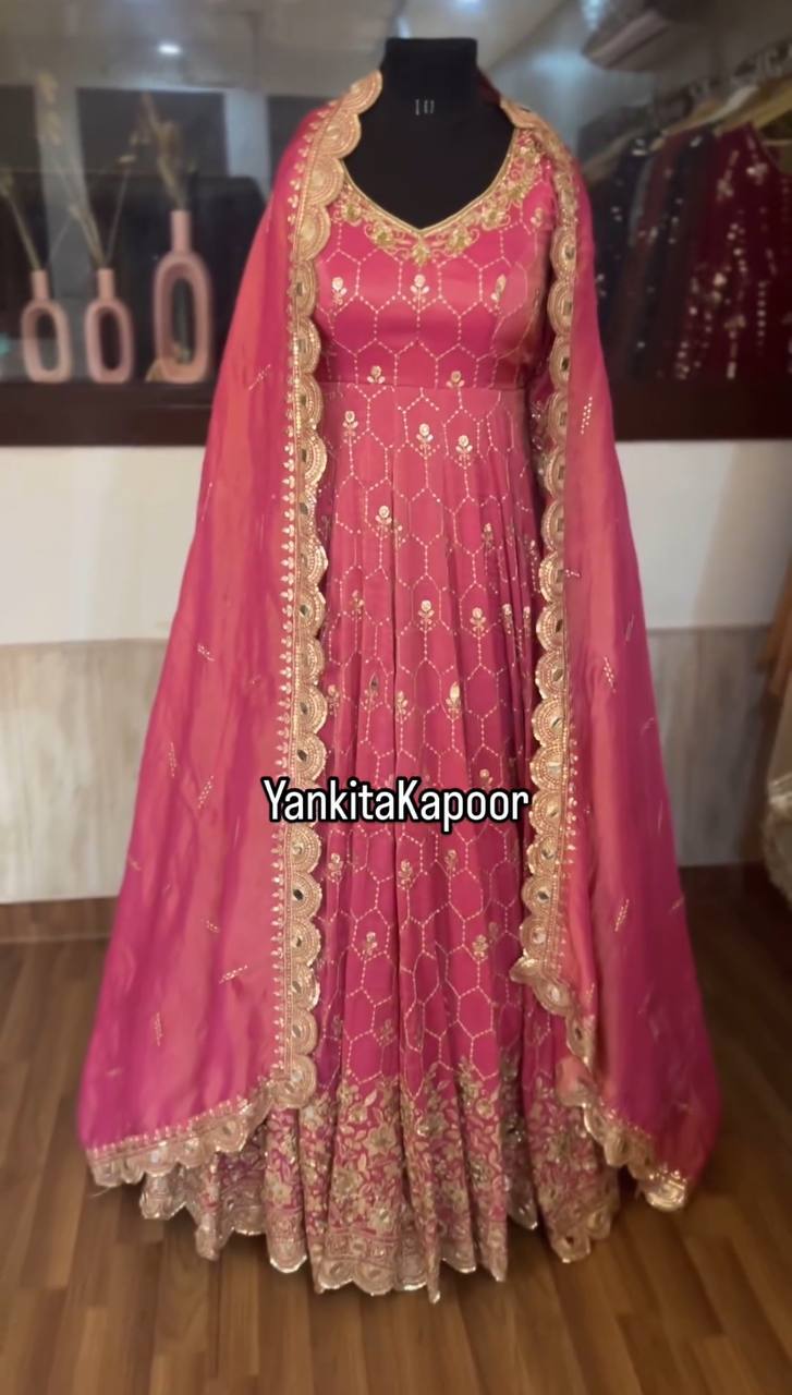 Aglow Pink Color Chinnon Silk Embroidery Sequence Gown By WTW