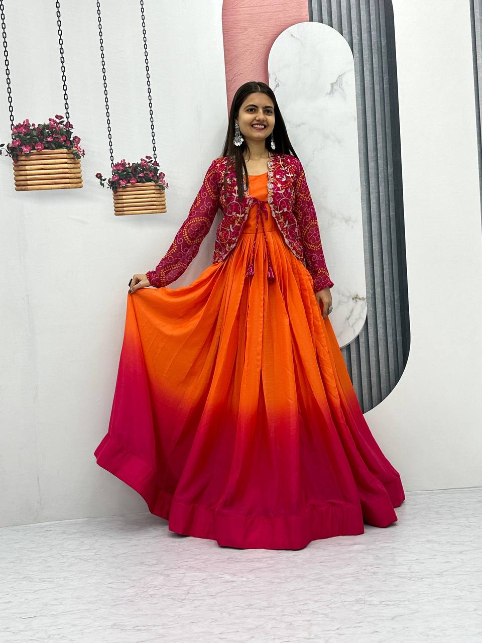 Exquisite Orange Color Chinon Function Wear Gown With Jacket By WTW