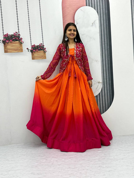 Exquisite Orange Color Chinon Function Wear Gown With Jacket By WTW