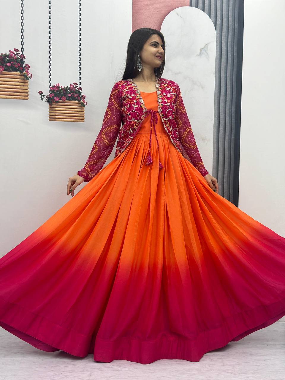 Exquisite Orange Color Chinon Function Wear Gown With Jacket By WTW