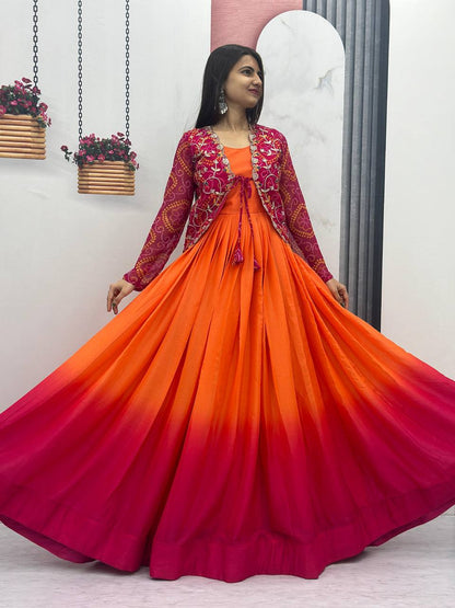 Exquisite Orange Color Chinon Function Wear Gown With Jacket By WTW