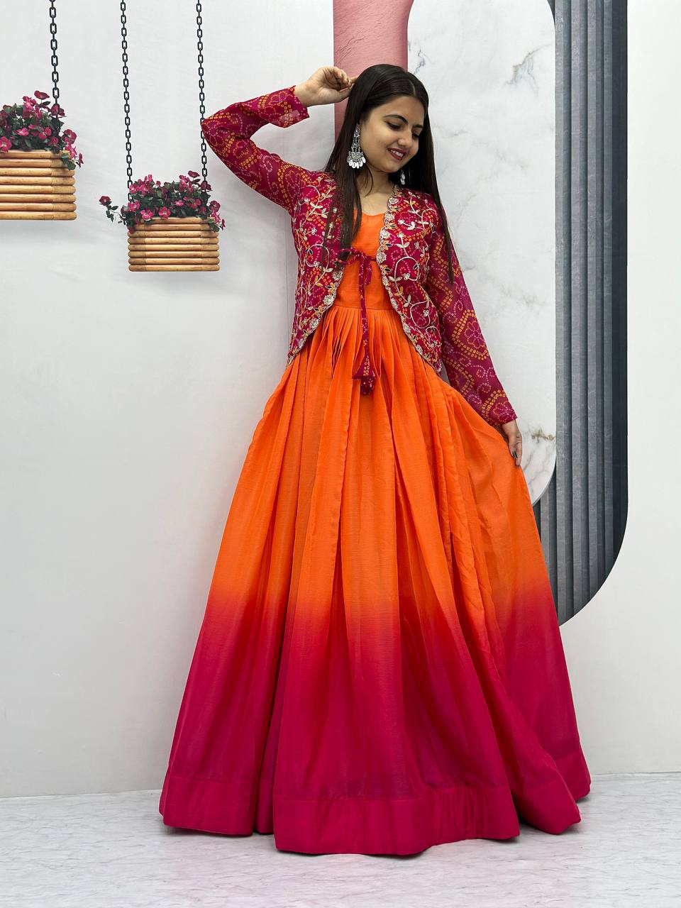 Exquisite Orange Color Chinon Function Wear Gown With Jacket By WTW