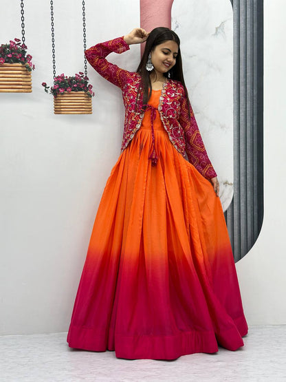 Exquisite Orange Color Chinon Function Wear Gown With Jacket By WTW