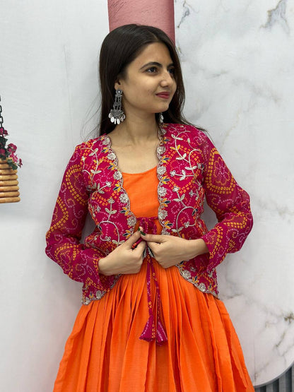 Exquisite Orange Color Chinon Function Wear Gown With Jacket By WTW