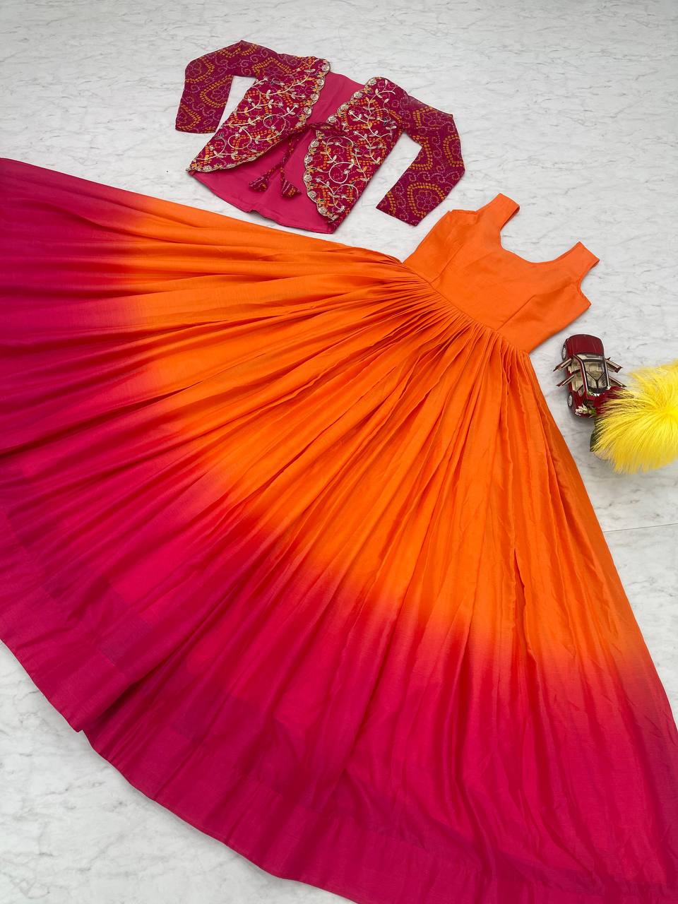 Exquisite Orange Color Chinon Function Wear Gown With Jacket By WTW