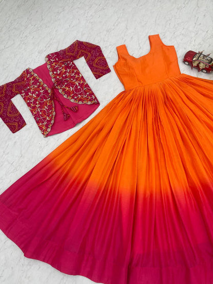 Exquisite Orange Color Chinon Function Wear Gown With Jacket By WTW