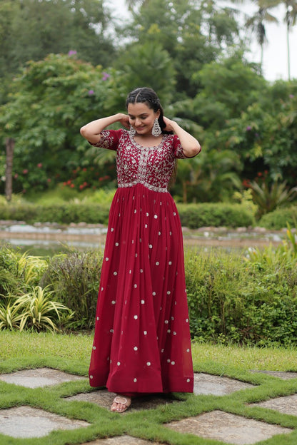 Red Embroidered Faux Blooming Gown By WTW