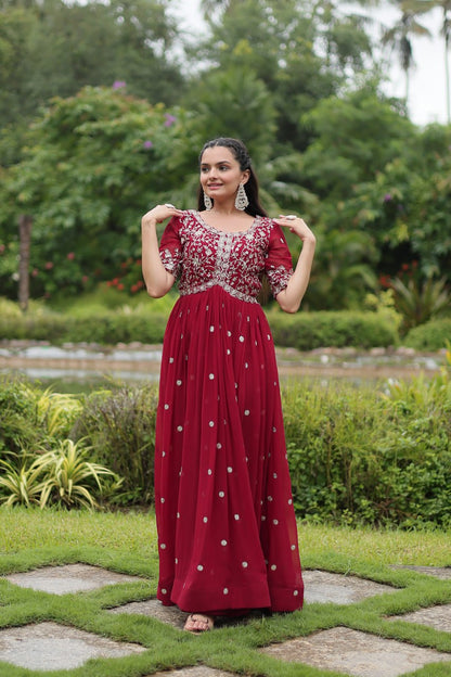 Red Embroidered Faux Blooming Gown By WTW